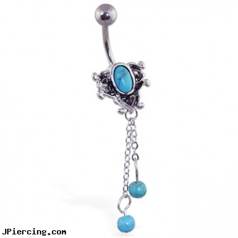 Vintage Turquoisebelly ring with dangling chains and balls, vintage jelly belly jewelry, adjustable cock ring, clip-on belly rings, dangers of belly button rings, dangling nipple jewelry