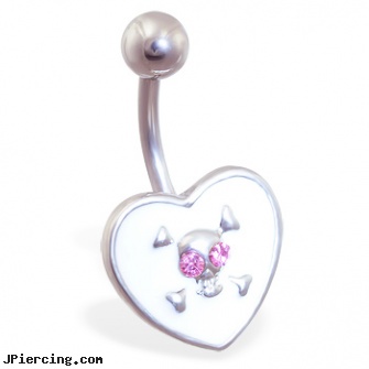 White heart belly ring with pink jeweled skull, white gold belly button rings, white gold belly button ring, 14 kt white gold belly button rings, tongue piercing and hole in the heart, heart shaped belly button ring