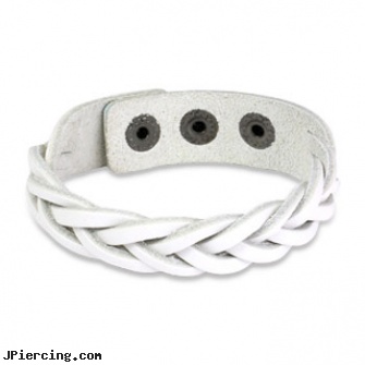 White Leather Bracelet With Cross Braided Double Strips, white gold belly ring, white pride tongue ring, white gold body jewelry, leather cock rings, leather or rawhide cock rings