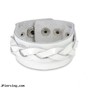 White Leather Bracelet With Layered Thick Weaved Strips, white gold body jewelry, white gold belly button ring, white tounge piercing, leather body jewellery, leather cock rings