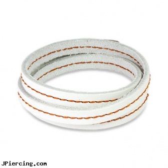 White Leather Triple Wrap Bracelet with Stitched Center Design, white gold body jewelry, white tounge piercing, white gold belly ring, leather or rawhide cock rings, leather body jewellery