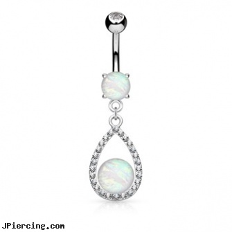White Opal Center Crystal Paved Tear Drop Dangle Belly Button Ring, white gold navel ring, white tounge piercing, white gold belly button ring, gold opal belly button ring, opal body piercing