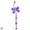 Purple dragonfly belly ring with dangling gems and chains
