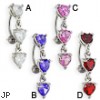 Reversed belly ring with dangling jeweled hearts