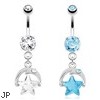 Smiling Crescent Moon with CZ Eye And Star Gem Dangle Surgical Steel Navel Ring