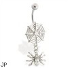 Spider web belly ring with dangling jeweled spider