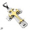 Stainless Steel Double Cross w/ Gold Gothic Top Cross Pendant