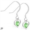 Sterling Silver Earrings with small dangling Peridot jeweled heart