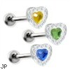 Straight barbell with acrylic paved heart, 14ga