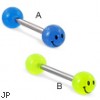 Straight barbell with smiley face glow-in-the-dark logo balls, 14 ga