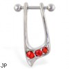 Straight helix barbell with dangling red jeweled cuff , 16 ga