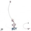 Super long flexible bioplast belly ring with dangling "ITS A BOY"