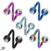 Titanium anodized twister barbell with jeweled balls, 16 ga