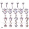 Triple jeweled flower dangling belly ring