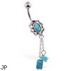 Turquoisebelly ring with dangling chains and Turquoisebeads
