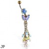Vintage colorful flower belly ring with dangling butterfly, chains and stones