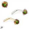 14K  gold L-shaped Nose Pin with 2mm Round Rainbow Opal