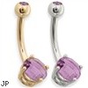 14K Gold Amethyst Checkered Gem Navel Ring, 14 ga