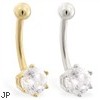 14K Gold belly button ring with 6-prong Cubic Zirconia stone