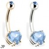 14K Gold Belly Button Ring with Aqua Heart-Shaped Stone And Jeweled Top Ball