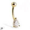 14K Gold Belly Button Ring With Teardrop-Shaped Stone And Jeweled Top Ball