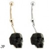 14K Gold Belly Ring with a dangle Chain and Black Skull