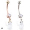 14K Gold Belly Ring With Bezel Set CZ And Dangling Tear Drop CZ
