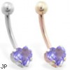 14K Gold belly ring with blue topaz 6mm CZ heart