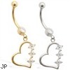 14K Gold belly ring with Clear CZ jeweled dangling heart