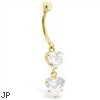 14K Gold Belly Ring With Dangle Double Clear CZ Hearts