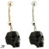 14K Gold Belly Ring with Dangling black  Skull