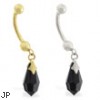 14K Gold belly ring with dangling black swarovski crystal teardrop