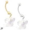 14K Gold Belly Ring with Dangling Clear Swarovski Crystal Butterfly