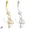 14K Gold belly ring with dangling CZ jeweled heart and key