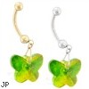 14K Gold Belly Ring with Dangling Green AB Swarovski Crystal Butterfly