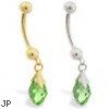 14K Gold belly ring with dangling green swarovski crystal teardrop