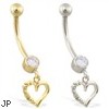 14K Gold belly ring with dangling heart charm with "I Love You"