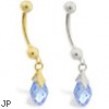 14K Gold belly ring with dangling light blue swarovski crystal teardrop