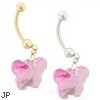 14K Gold Belly Ring with Dangling Pink Swarovski Crystal Butterfly