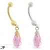 14K Gold belly ring with dangling pink swarovski crystal teardrop