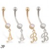 14K Gold belly ring with dangling script initial