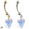 14K Gold belly ring with dangling swarovski ab crystal heart