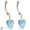 14K Gold belly ring with dangling swarovski aquamarine  crystal heart