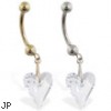 14K Gold belly ring with dangling swarovski clear crystal heart