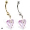 14K Gold belly ring with dangling swarovski pink crystal heart