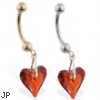 14K Gold belly ring with dangling swarovski red crystal heart