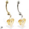 14K Gold belly ring with dangling swarovski yellow crystal heart