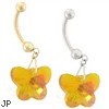 14K Gold Belly Ring with Dangling Yellow AB Swarovski Crystal Butterfly