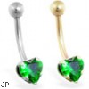 14K Gold belly ring with emerald 6mm CZ heart