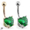 14K Gold belly ring with emerald 8mm CZ heart